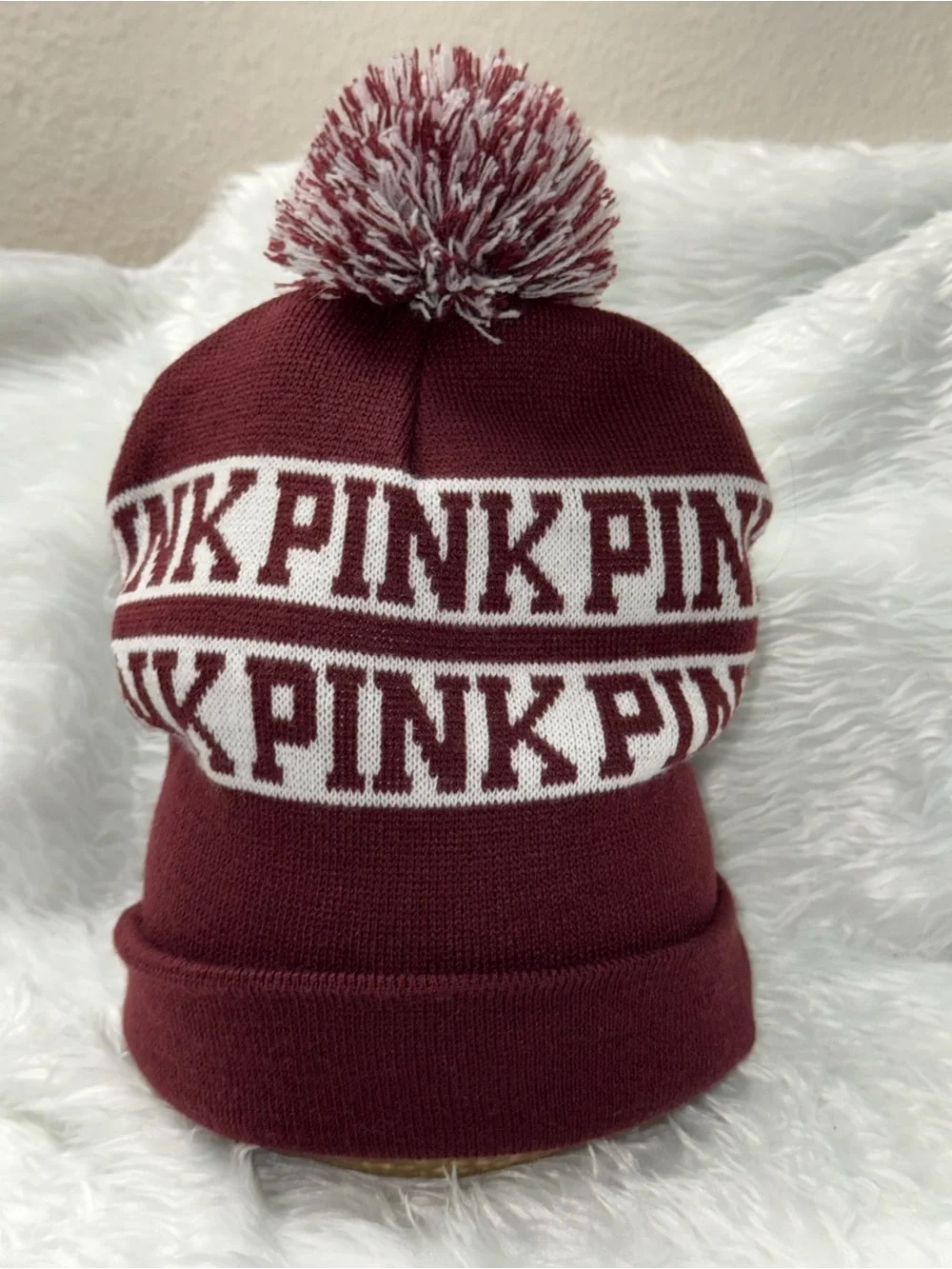 PINK Victoria's Secret Kids Two-Tone Pom Beanie Hat - Maroon & White